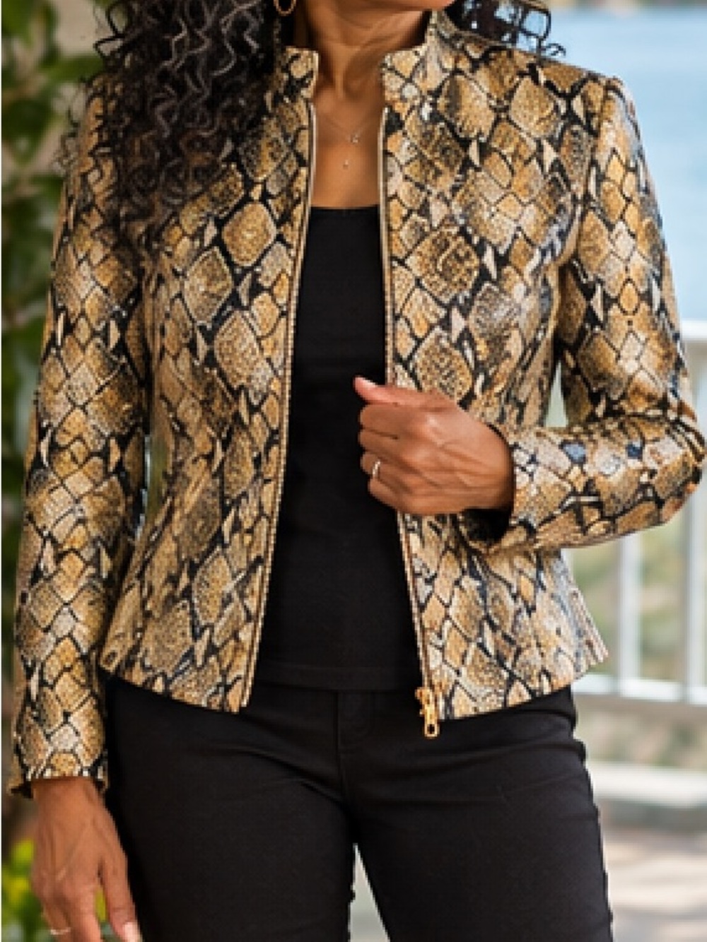 Cinzia Rocco Snake-Print Zip Front Womens Jacket Size 2 - Beige/Black
